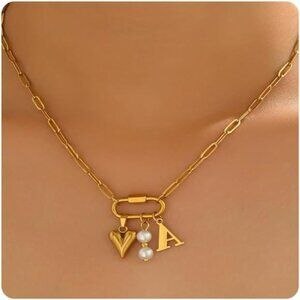 Gold Heart Initial Necklace | 18K Gold Plated Pearl Letter Pendant